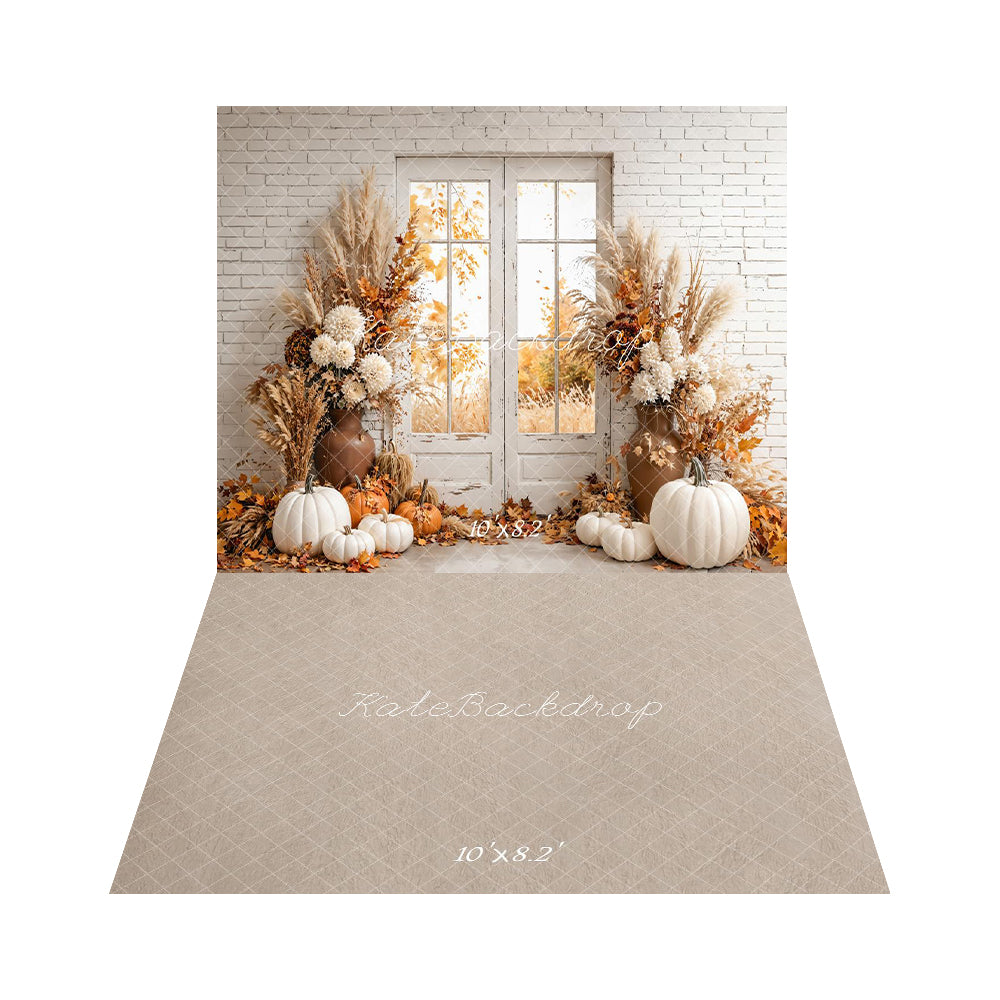 Kate Fall Cozy Pumpkin Floral Window Backdrop+Beige Pattern Abstract Texture Floor Backdrop