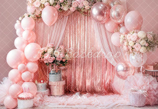 Kate Birthday Pink Floral Balloon Arch Printed Backdrop Designed by Emetselch