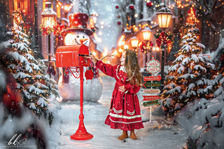 Kate Christmas Snowman Winter Street Lights Printed Backdrop Designed by Emetselch