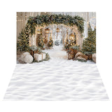 Kerstboog Guirlande Sneeuw Bomen Foto Achtergrond+Winter Sneeuw Vloer Foto Achtergrond Designed by