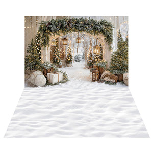 Kerstboog Guirlande Sneeuw Bomen Foto Achtergrond+Winter Sneeuw Vloer Foto Achtergrond Designed by