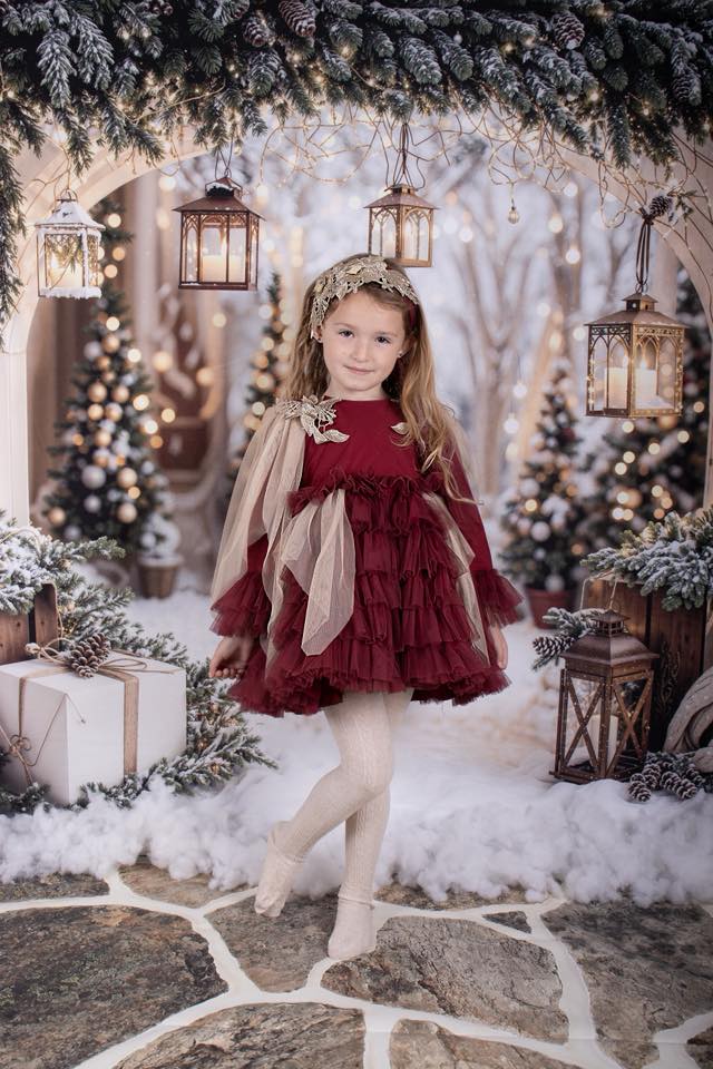 Kate Christmas Arch Garland Snow Trees Backdrop+Winter Cobblestone Snow Floor Backdrop