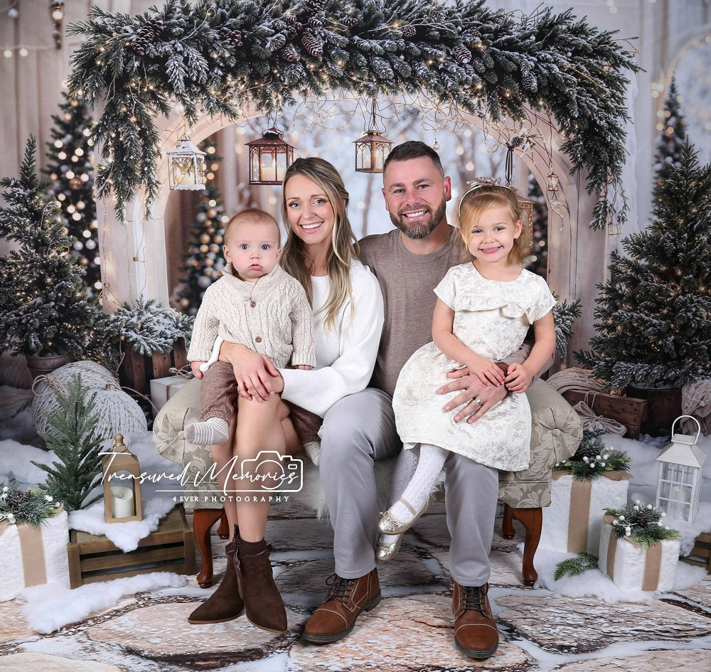 Kate Christmas Arch Garland Snow Trees Backdrop+Winter Cobblestone Snow Floor Backdrop