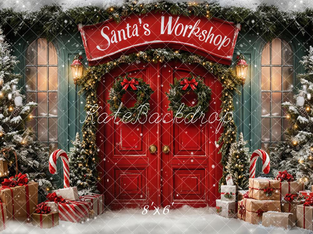 Kate Christmas Santa's Workshop Red Door Snow Backdrop Designed by Emetselch