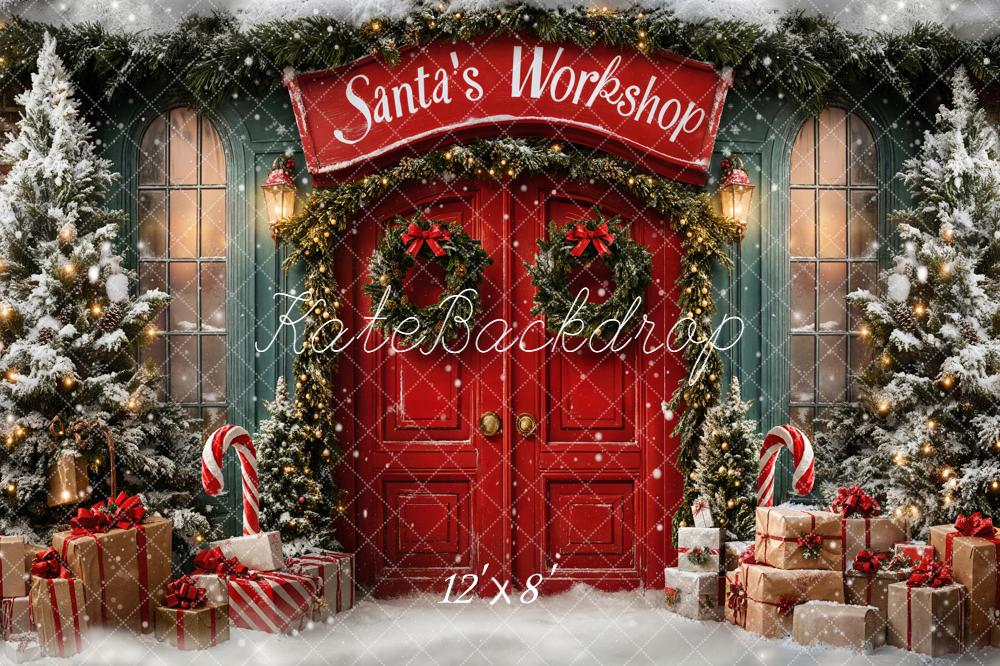 Kate Christmas Santa's Workshop Red Door Snow Backdrop Designed by Emetselch