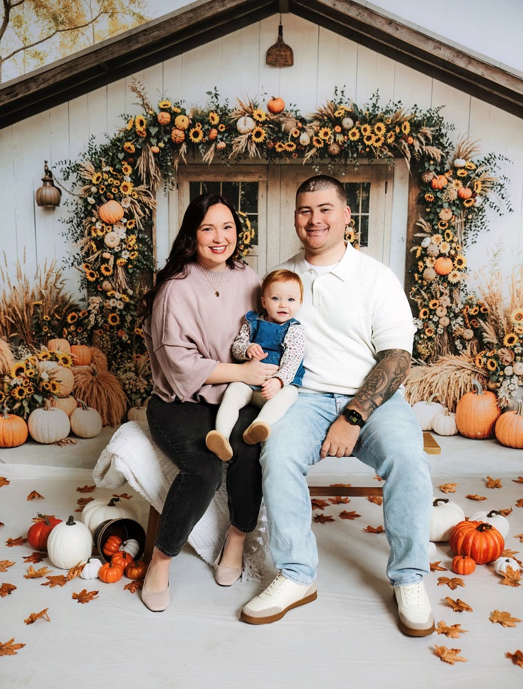 Kate Fall Barn Sunflower Garland Pumpkins Backdrop Designed by Emetselch