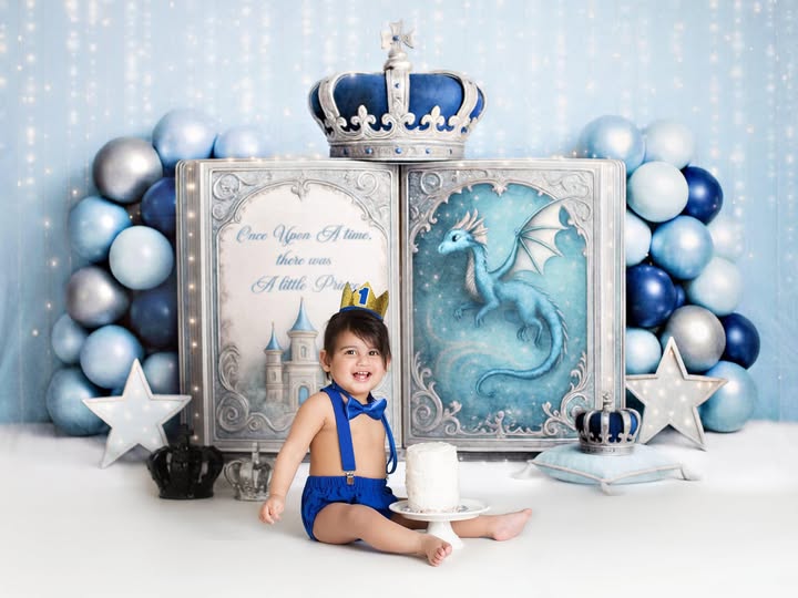 Kate Cake Smash Little Prince Crown Book Printed Backdrop Designed by Ashley Paul