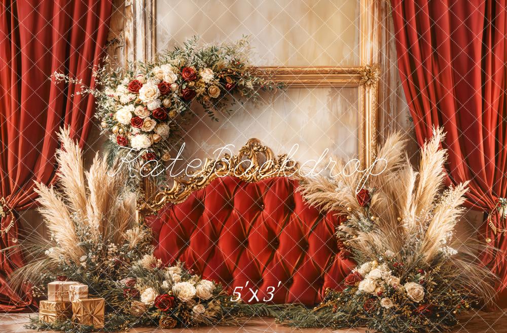 Kate Christmas Floral Red Upholstered Headboard  Backdrop Designed by Emetselch