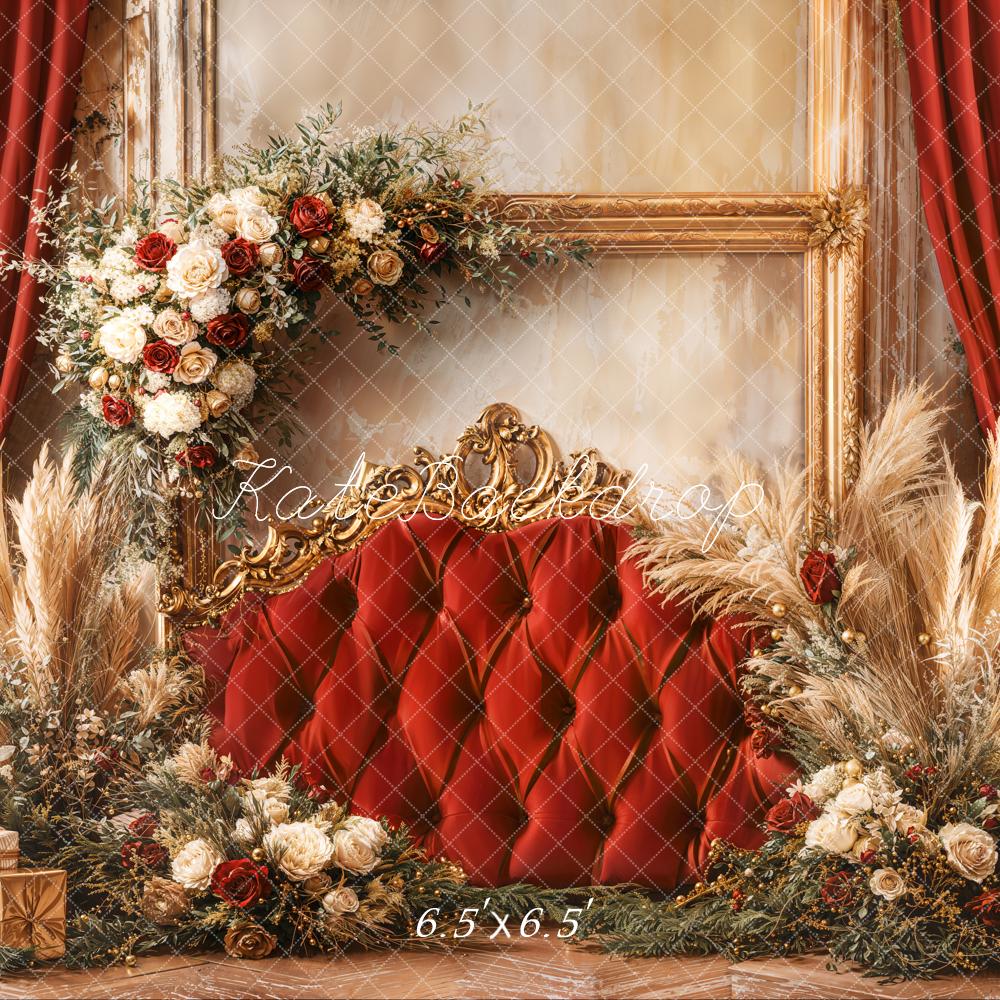 Kate Christmas Floral Red Upholstered Headboard  Backdrop Designed by Emetselch