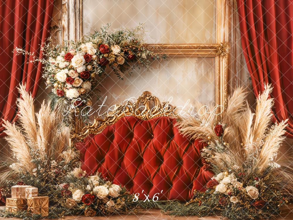 Kate Christmas Floral Red Upholstered Headboard  Backdrop Designed by Emetselch