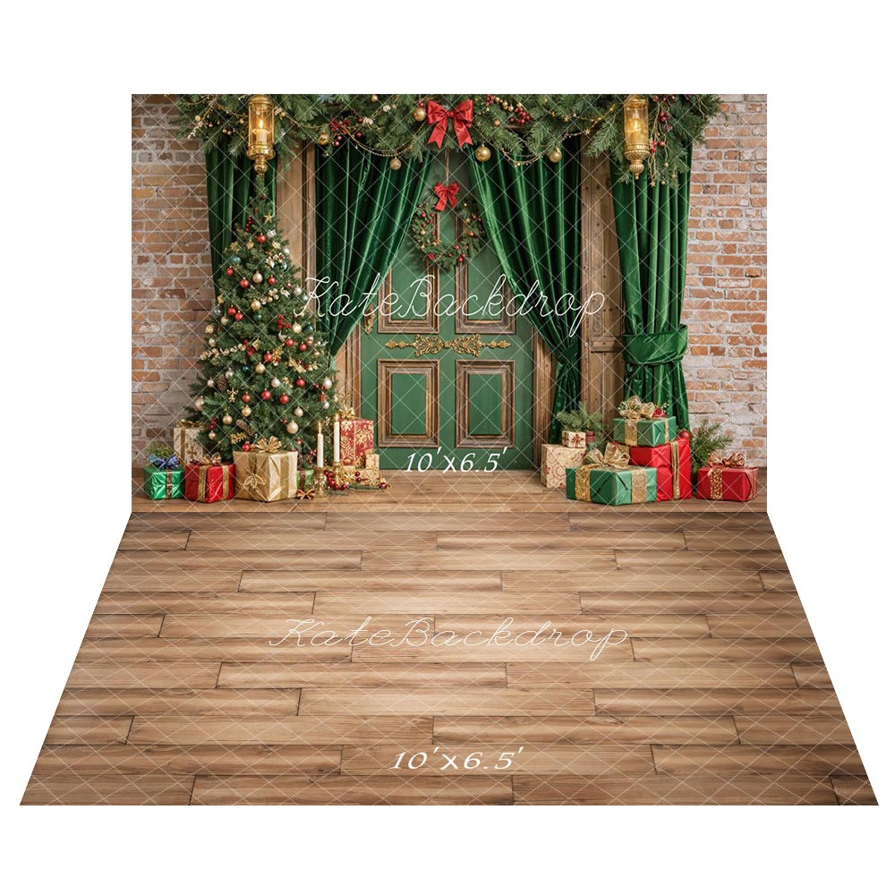 Cortina de Puerta Verde de Árbol de Navidad Regalos + Fondo de Suelo de Madera Marrón Claro a Rayas