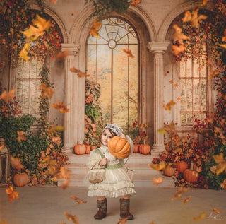 Kate Fall Retro Arch Maple Leaves Pumpkin Printed Backdrop Designed by Emetselch