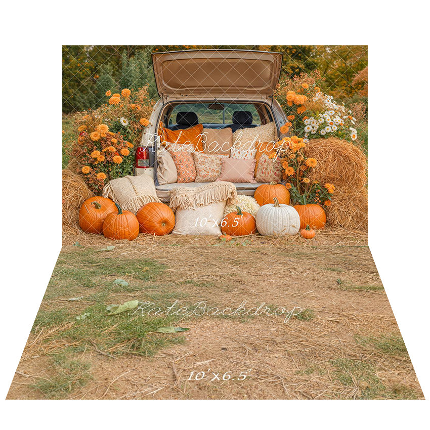 Fondo de Calabaza Otoñal Camión de Kate Con Pacas de Heno + Fondo de Suelo de Césped Rústico Terroso