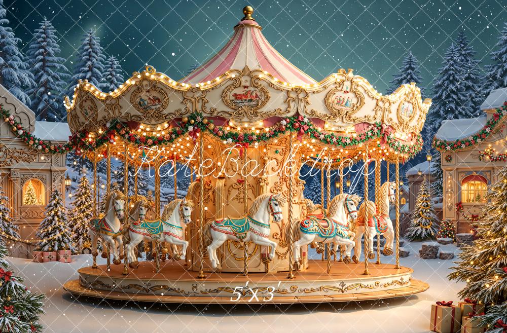 Kate Christmas Carousel Snow Lights Night Backdrop Designed by Emetselch