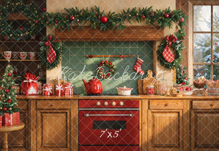 Kate Christmas Kitchen Garland Oven Wood Cabinet Printed Backdrop Designed by Emetselch