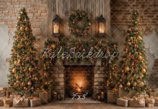 Kate Christmas Tree Fireplace Vintage Brick Wall Printed Backdrop Designed by Emetselch