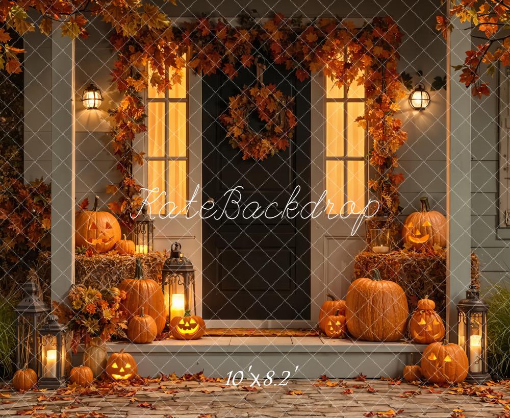 Kate Halloween Porch Wreath Pumpkin Lanterns Backdrop Designed by Emetselch