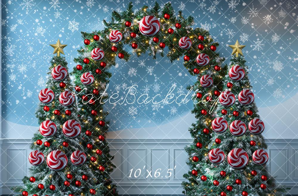 Kate Christmas Tree Candy Cane Arch Blue Wall Backdrop Designed by Mini MakeBelieve