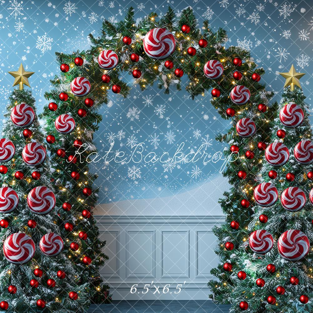 Kate Christmas Tree Candy Cane Arch Blue Wall Backdrop Designed by Mini MakeBelieve