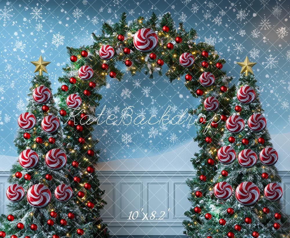 Kate Christmas Tree Candy Cane Arch Blue Wall Backdrop Designed by Mini MakeBelieve