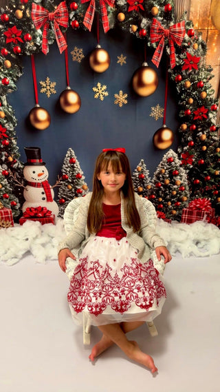 Kate Christmas Tree Snowman Gifts Arch Wood Printed Backdrop Designed by Mini MakeBelieve