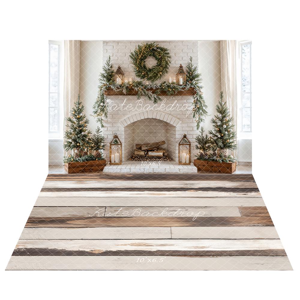 Kate Christmas Fireplace Wreath White Brick Wall Backdrop+Light Brown White Retro Wood Floor Backdrop