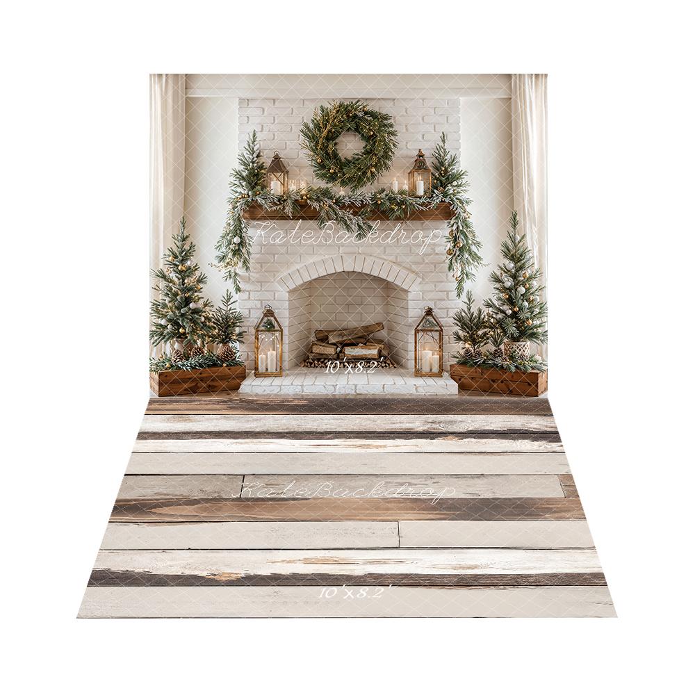 Kate Christmas Fireplace Wreath White Brick Wall Backdrop+Light Brown White Retro Wood Floor Backdrop