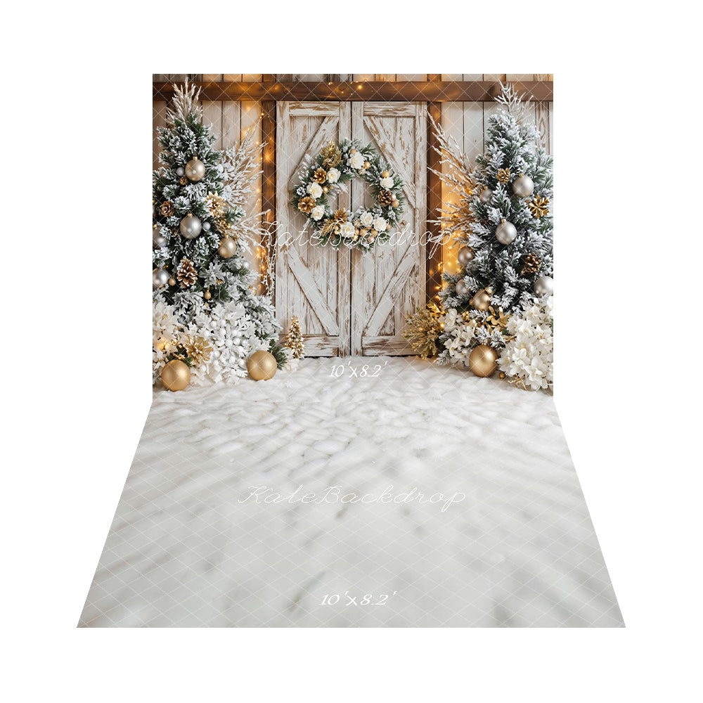 Kate Christmas Barn Door Snowy Trees Wreath Backdrop+White Snowy Texture Floor Backdrop