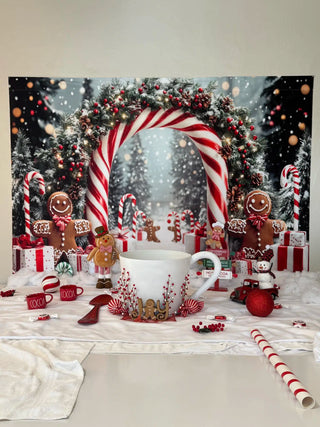 Kate Christmas Candy Cane Arch Gingerbread Snow Printed Backdrop Designed by Emetselch