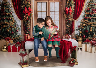 Kate Christmas Tree Red Curtain Arched Door Printed Backdrop Designed by Emetselch