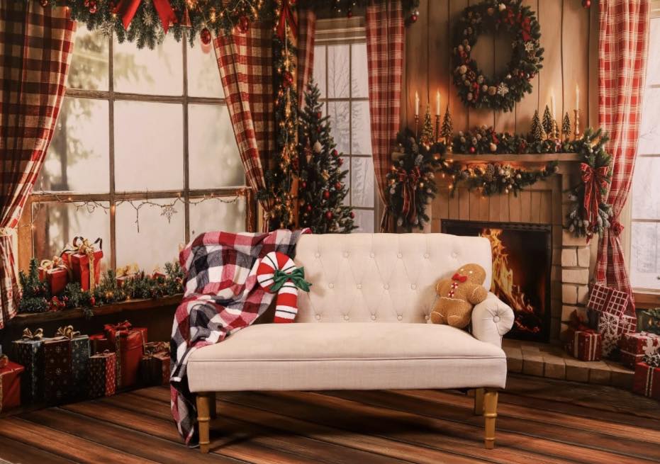 Kate Christmas Tree Fireplace Red Plaid Curtains Gifts Room Set