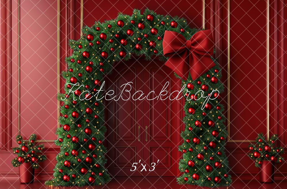 Kate Christmas Garland Arch Red Bow Wall Backdrop Designed by Mini MakeBelieve