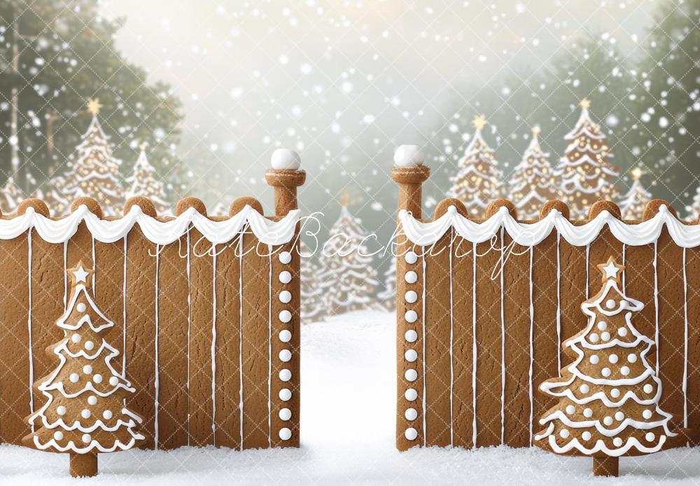 Kate Christmas Gingerbread Fence Snowy Forest Backdrop Designed by Mini MakeBelieve