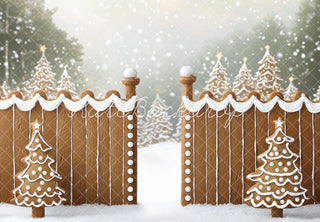 Kate Christmas Gingerbread Fence Snowy Forest Printed Backdrop Designed by Mini MakeBelieve
