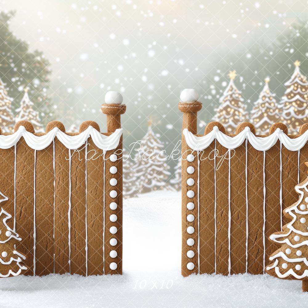 Kate Christmas Gingerbread Fence Snowy Forest Backdrop Designed by Mini MakeBelieve