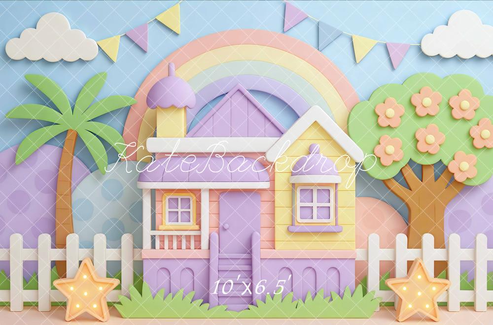 Kate Cake Smash Rainbow Pastel House Backdrop Designed by Mini MakeBelieve
