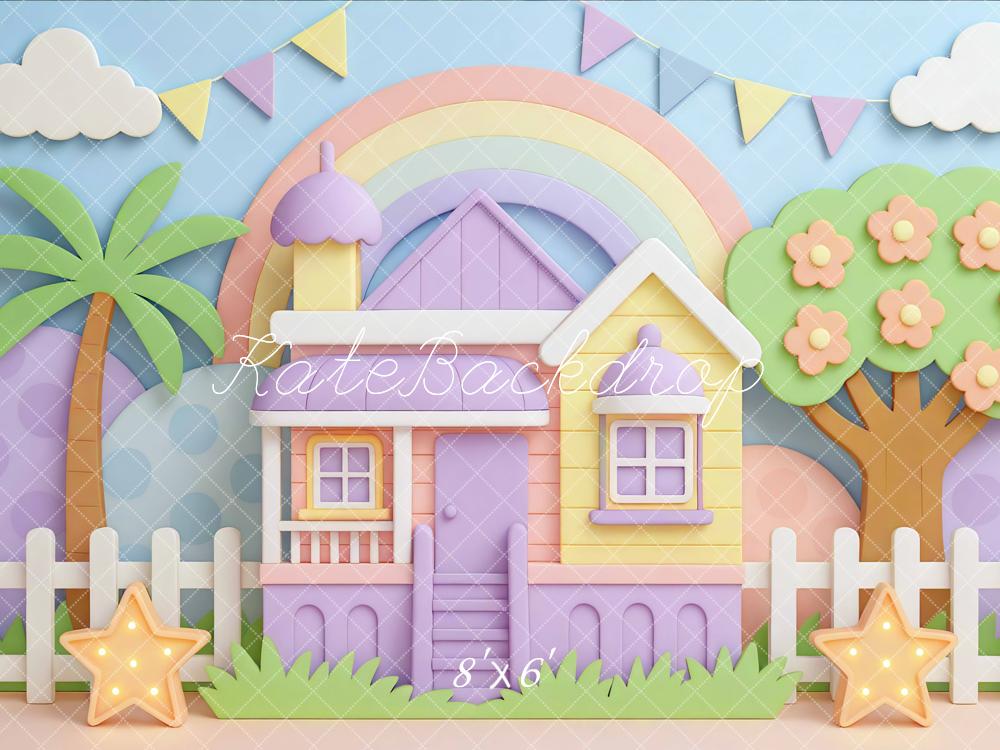 Kate Cake Smash Rainbow Pastel House Backdrop Designed by Mini MakeBelieve
