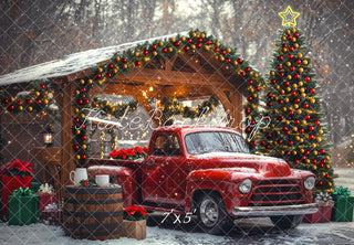 Kate Christmas Truck Front Winter Tree Snowy Printed Backdrop Designed by Mini MakeBelieve