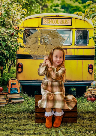 Kate Back to School Yellow School Bus Orchard Apples Printed Backdrop Designed by Emetselch