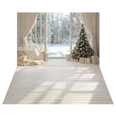 Kate Christmas Tree Gifts Winter Window Snow Printed Backdrop+White Wood Floor Printed Backdrop