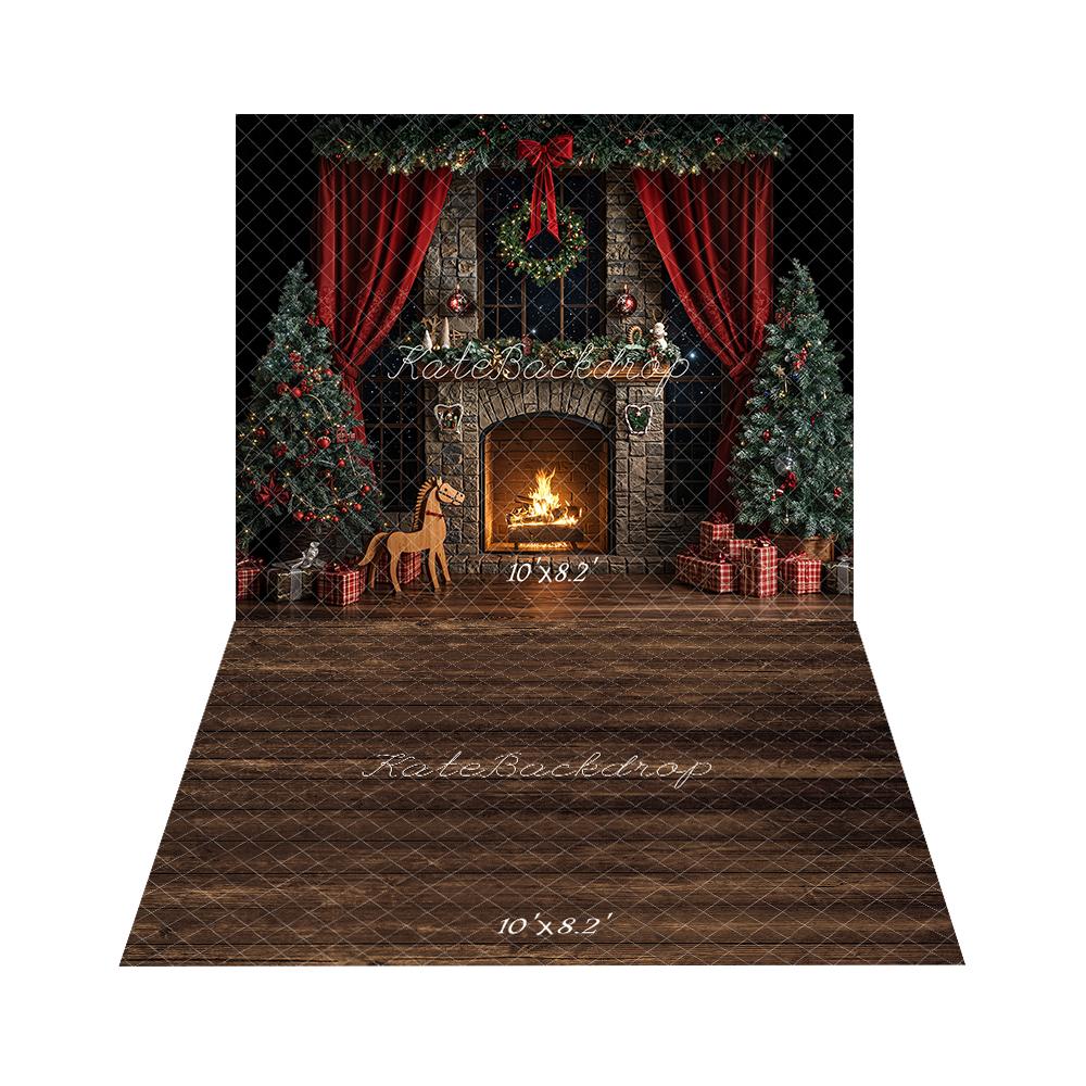 Kate Christmas Fireplace Tree Red Curtain Dark Backdrop+Chocolate Wood Grain Floor Backdrop
