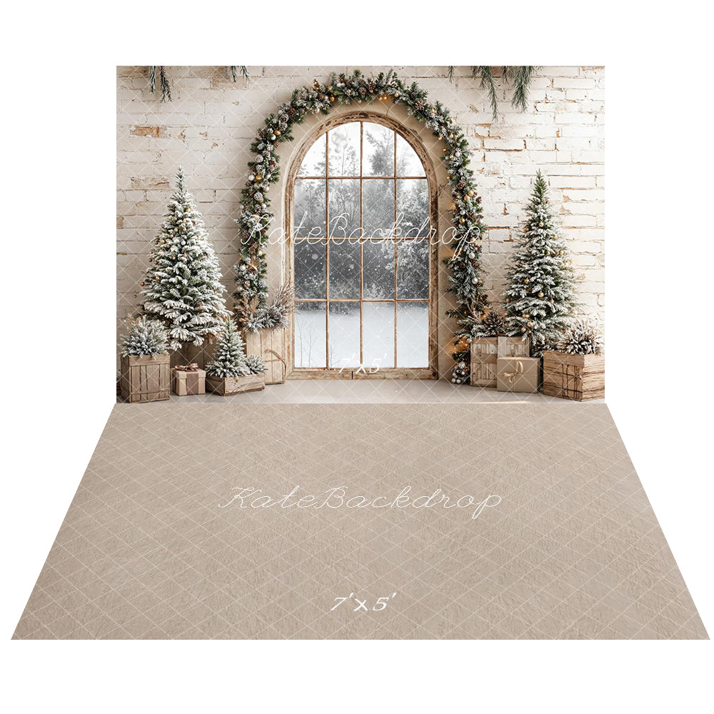 Kate Christmas Arched Window Garland Snowy Pine Trees Backdrop+Beige Pattern Abstract Texture Floor Backdrop