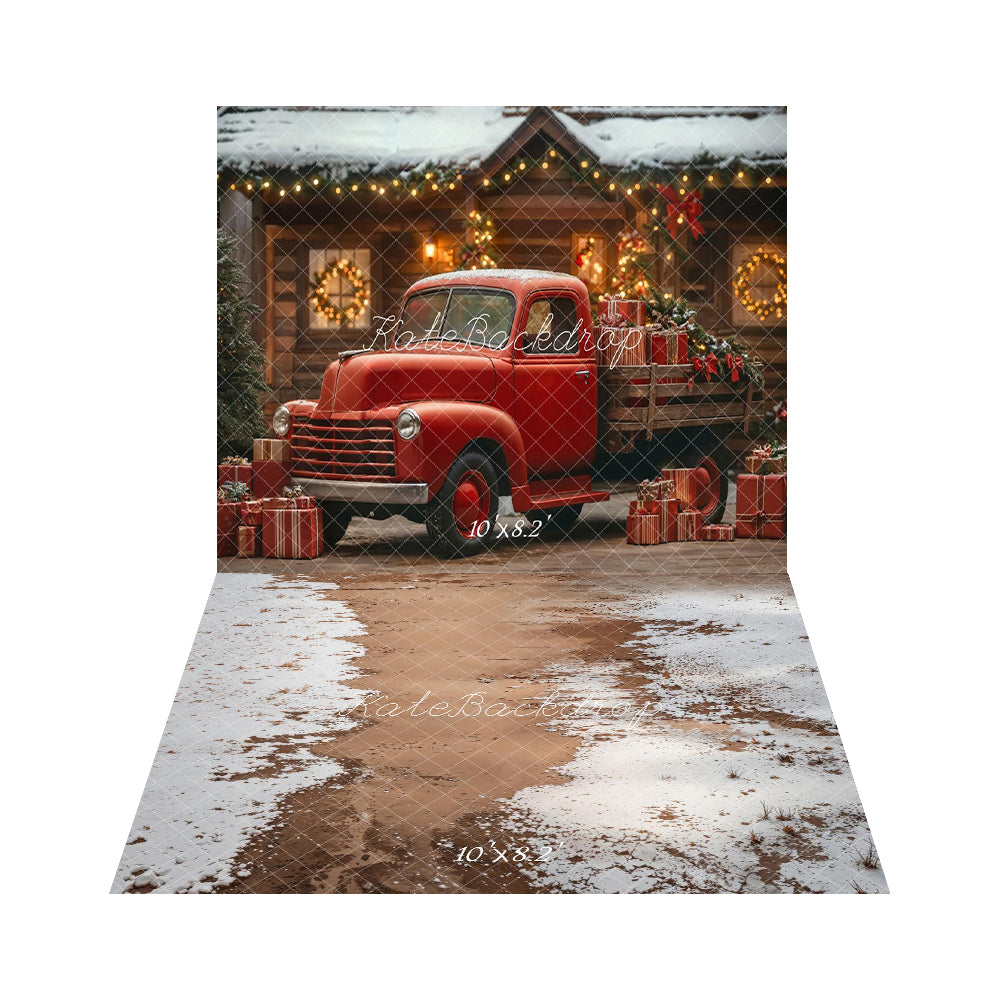 Kate Christmas Red Truck Snowy Cabin Gifts Backdrop+Winter Snow Ground Floor Backdrop