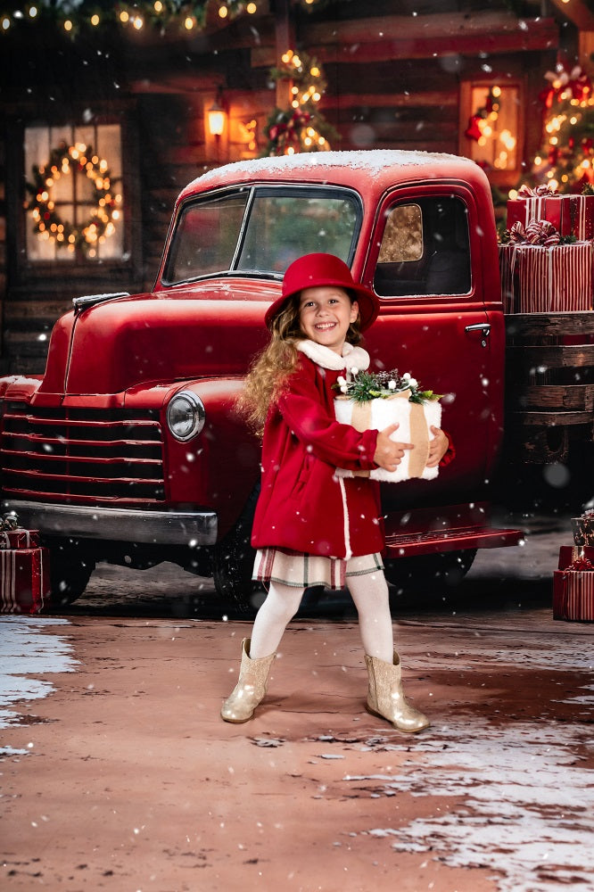 Kate Christmas Red Truck Snowy Cabin Gifts Backdrop+Winter Snow Ground Floor Backdrop