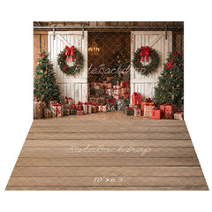 Kate Christmas White Barn Doors Wreaths Trees Gifts Printed Backdrop+Light Brown Wood Floor Printed Backdrop