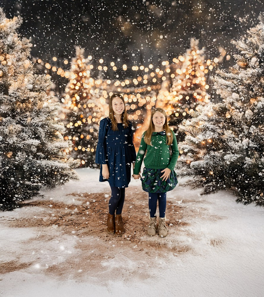 Kate Christmas Snowy Pine Trees String Lights Backdrop Designed by Emetselch