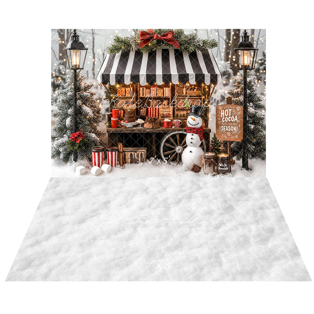 Kate Christmas Hot Cocoa Stand Snowman Winter Trees Backdrop+White Snow Floor Backdrop