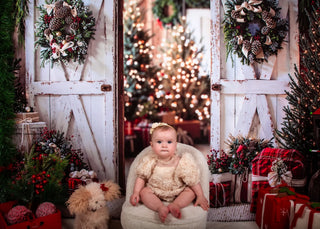 Kate Christmas Barn Doors Pine Trees Plaid Gifts Rustic Printed Backdrop Designed by Emetselch