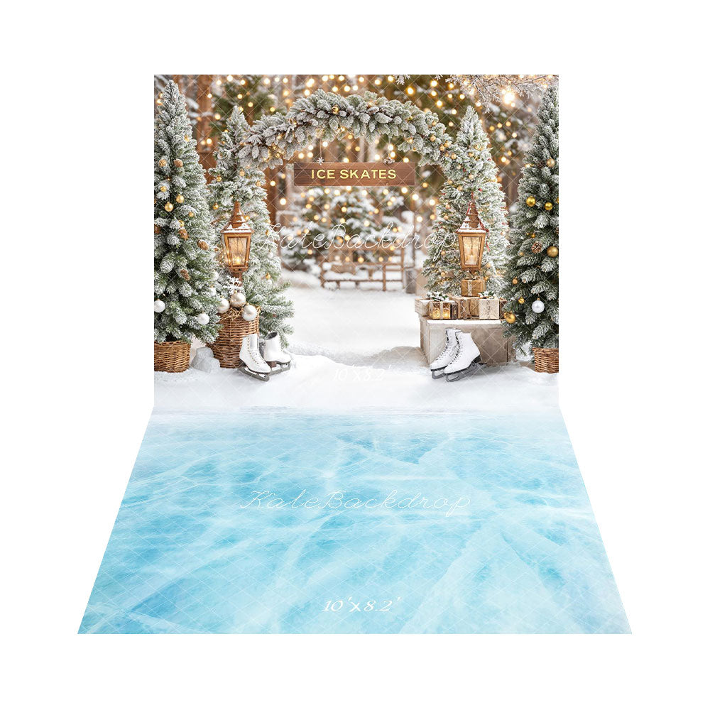 Kate Christmas Arch Snowy Trees Skates Lanterns Backdrop+Blue Ice Frozen Floor Backdrop