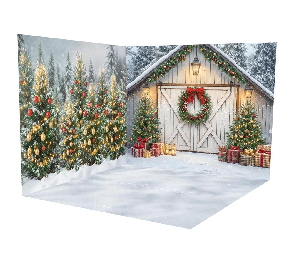 Kate Christmas Barn Door Wreath Trees Gifts Snow Room Set